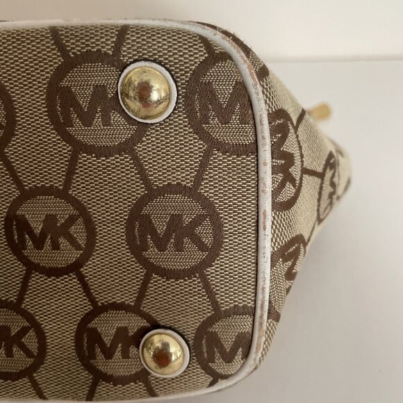 MICHAEL KORS Signature Canvas Tote Shoulder Bag Beige Leather Trim Studded - Picture 14 of 15